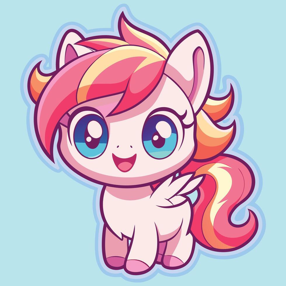a cartoon pony with pink hair and blue eyes white background vector