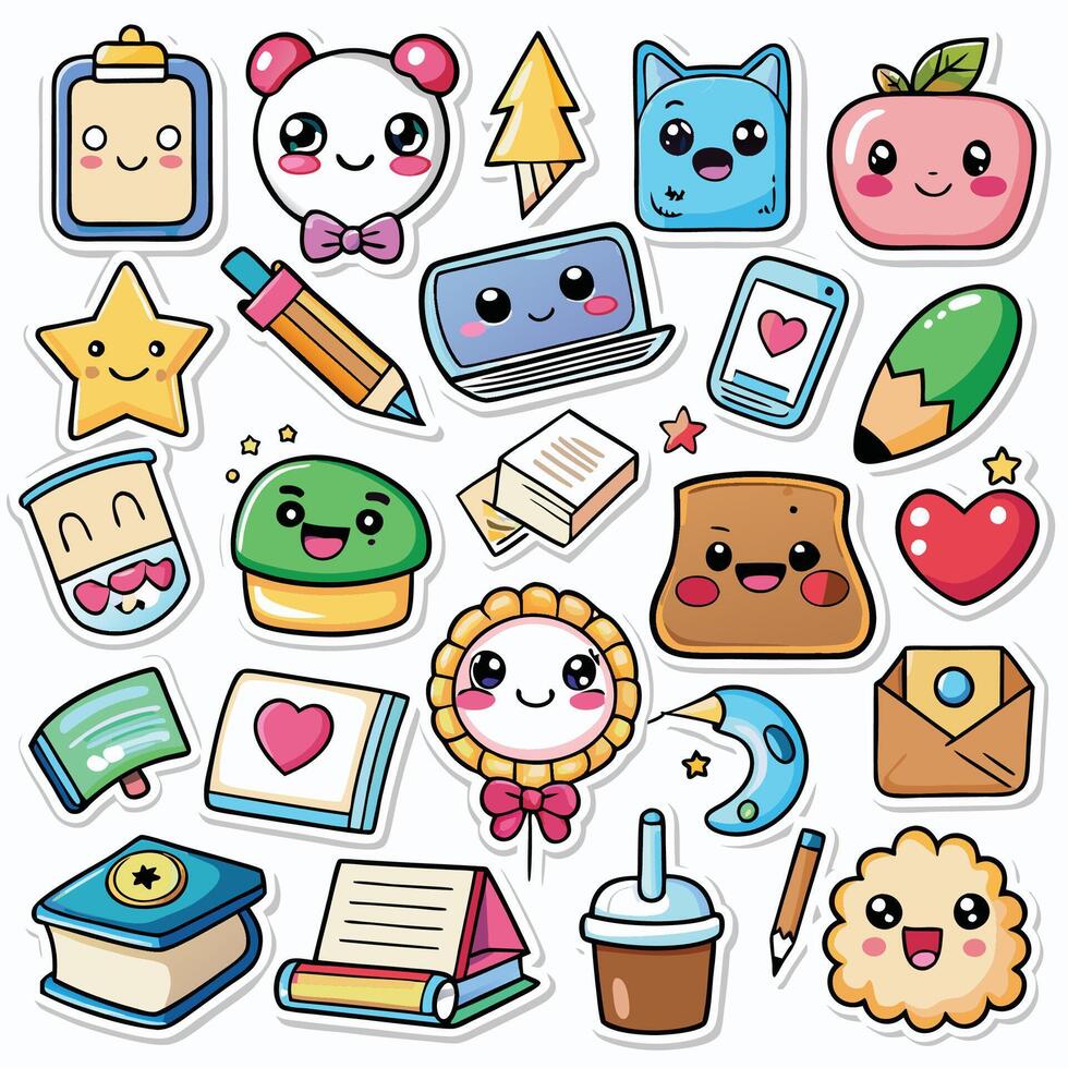 cute kawaii stickers set, illustration white background vector