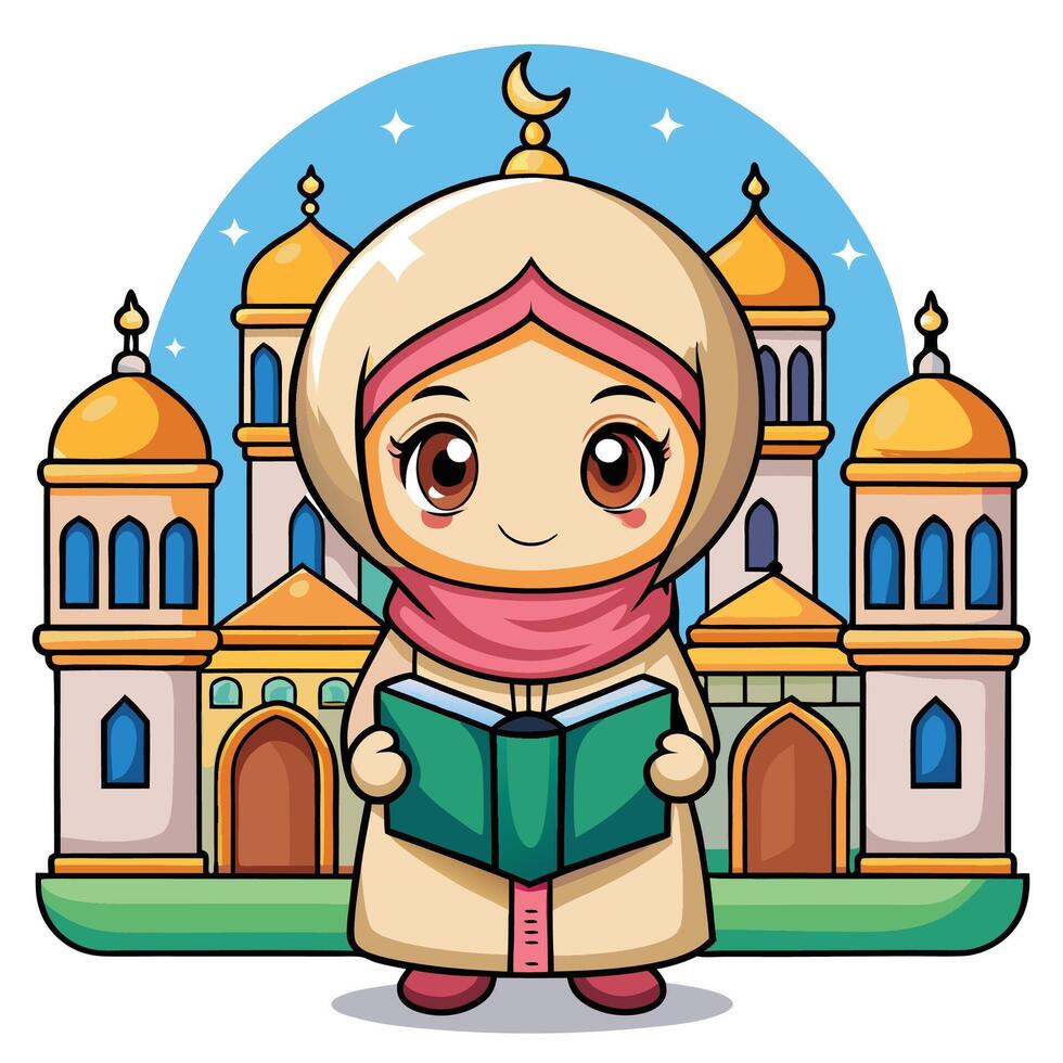 muslim girl reading book in front mosque illustrati white backgroundon vector