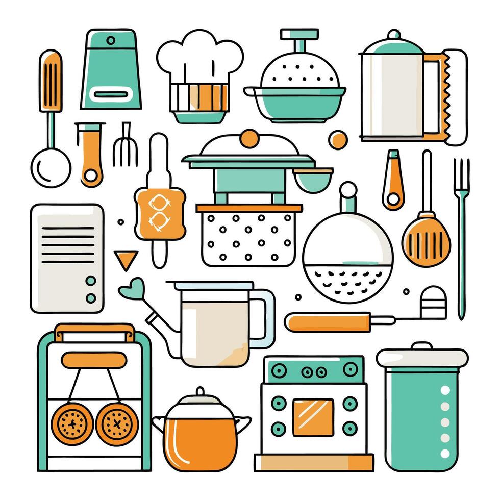 kitchen utensils and appliances icons set white background, vector