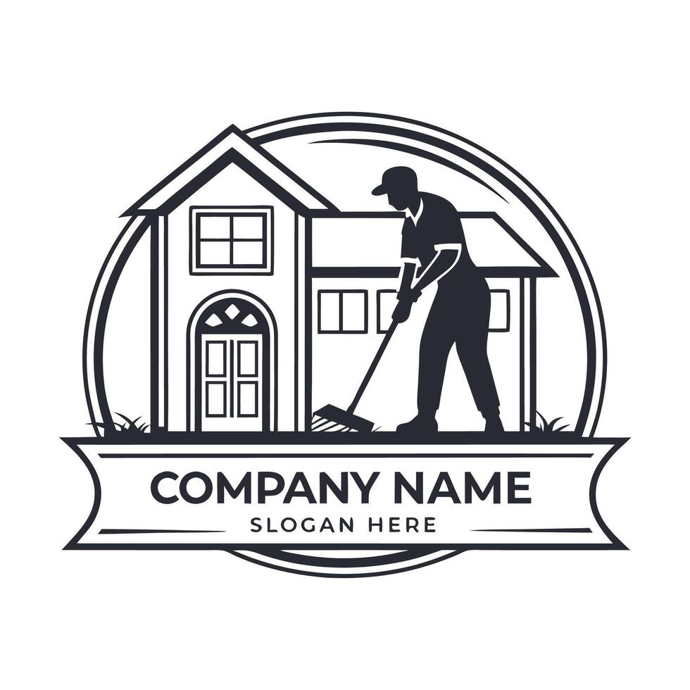 a man sweeping the house logo design white background,, vector