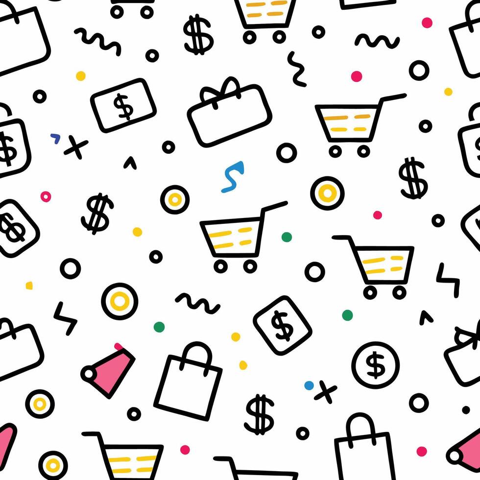 shopping seamless pattern with shopping cart money and other items vector