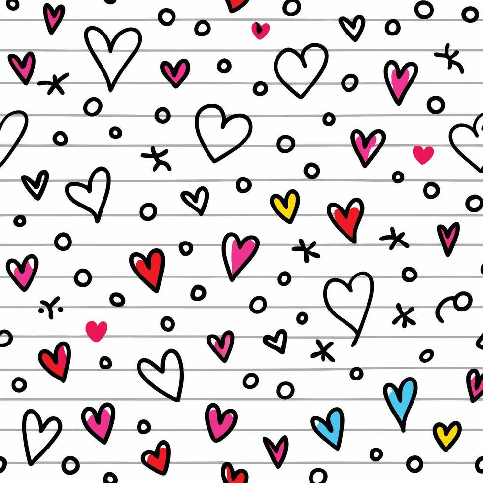 seamless pattern with hearts and stars on lined paper vector