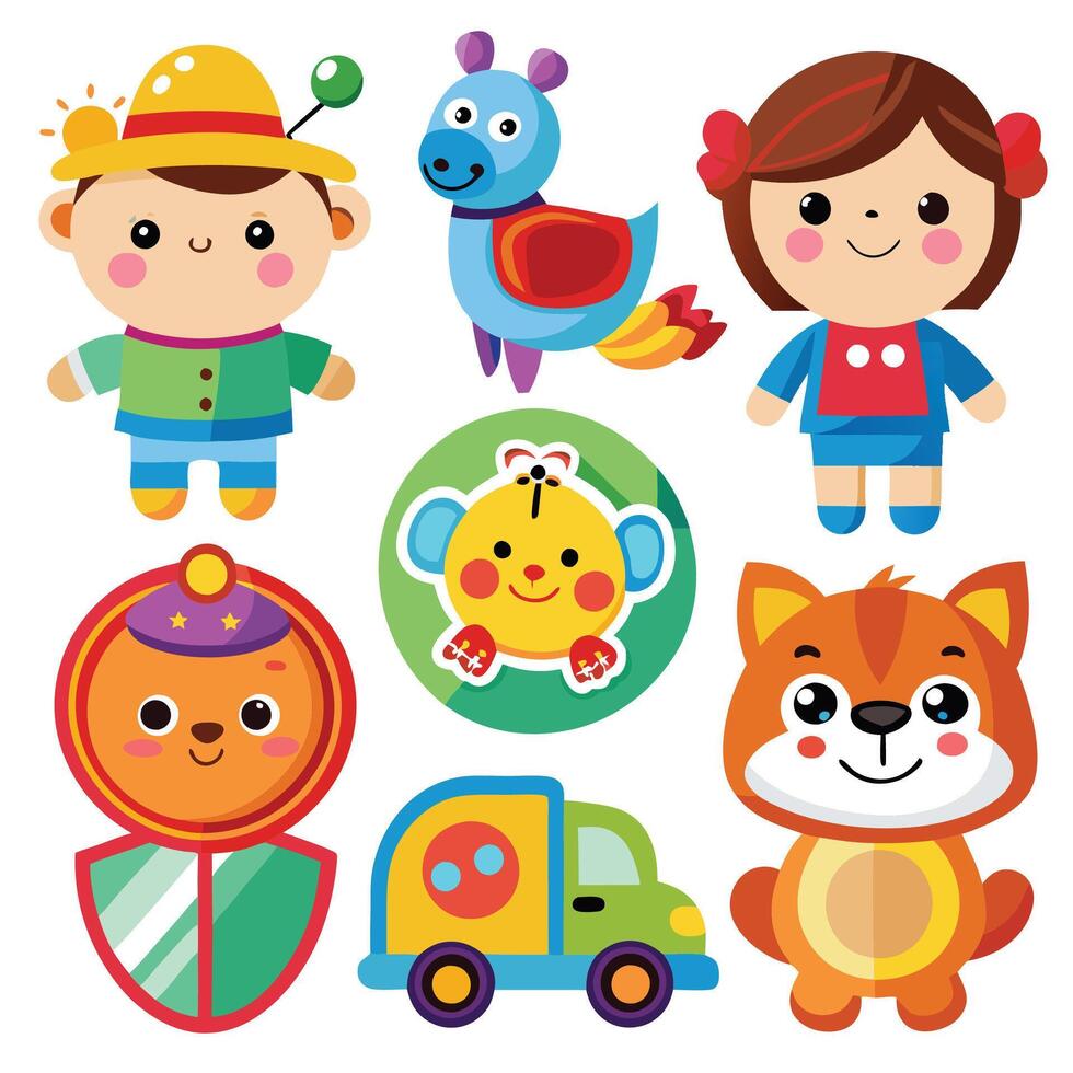 cartoon children's toys set white background illustration vector