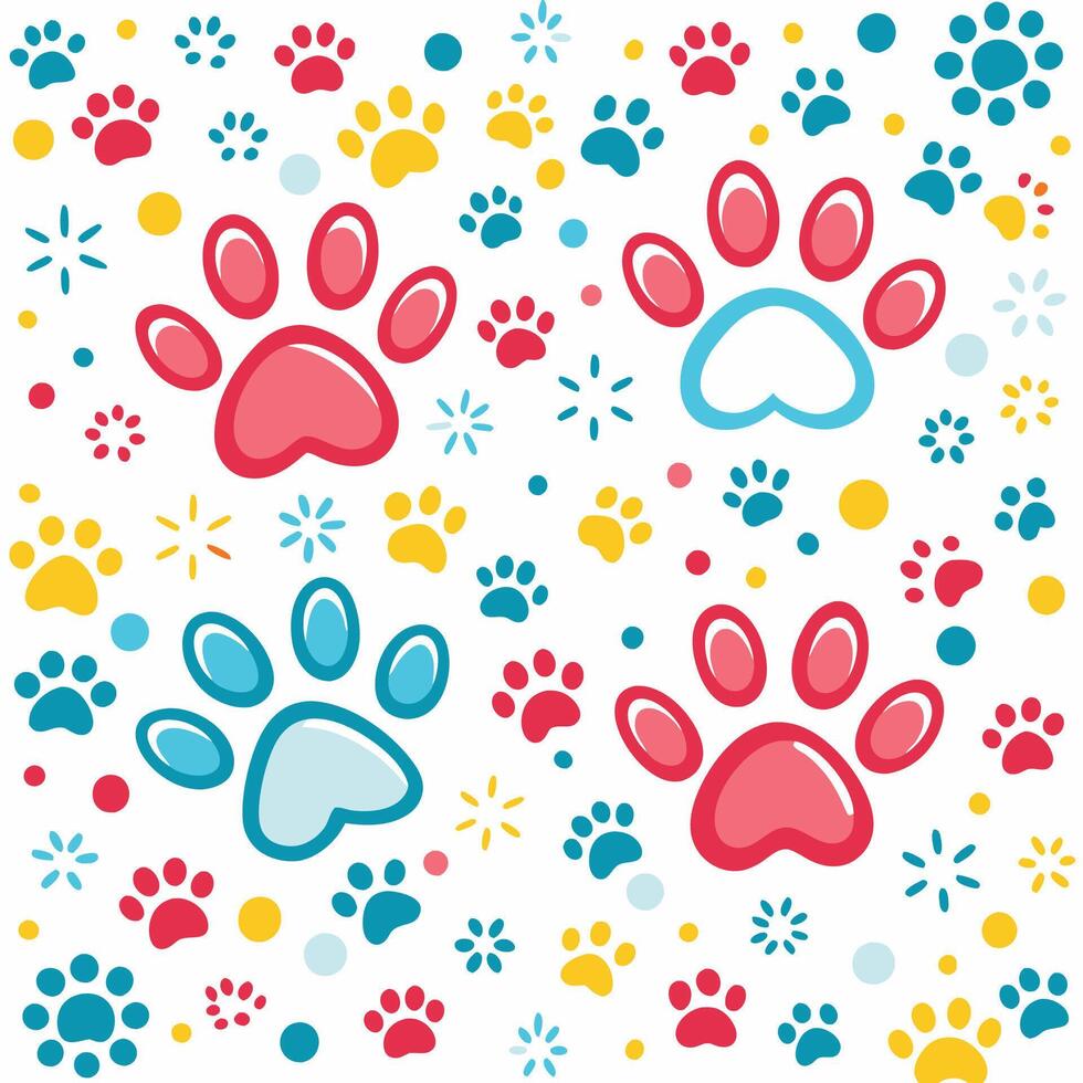 seamless pattern with paw prints and dots white background, vector
