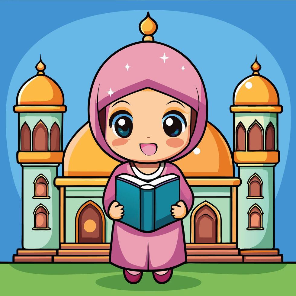cartoon muslim girl reading book in front of mosque vector