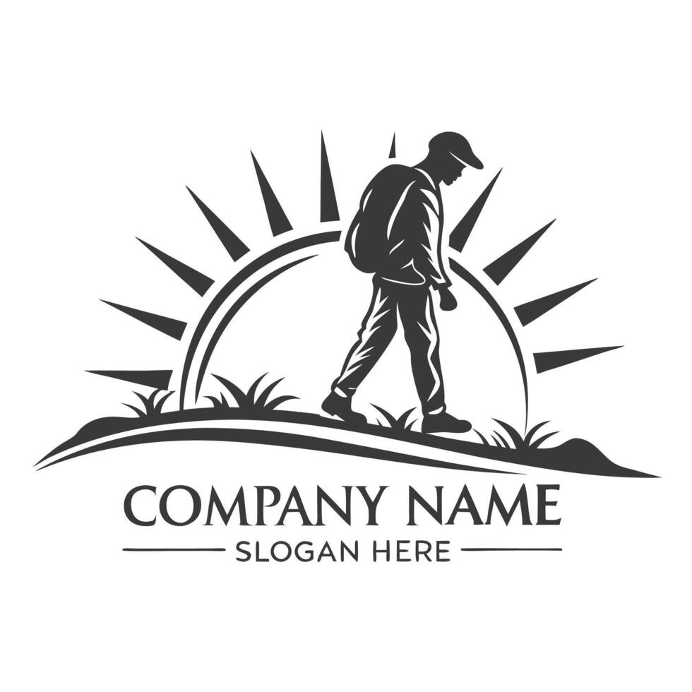 hiker walking in the mountains logo design vector