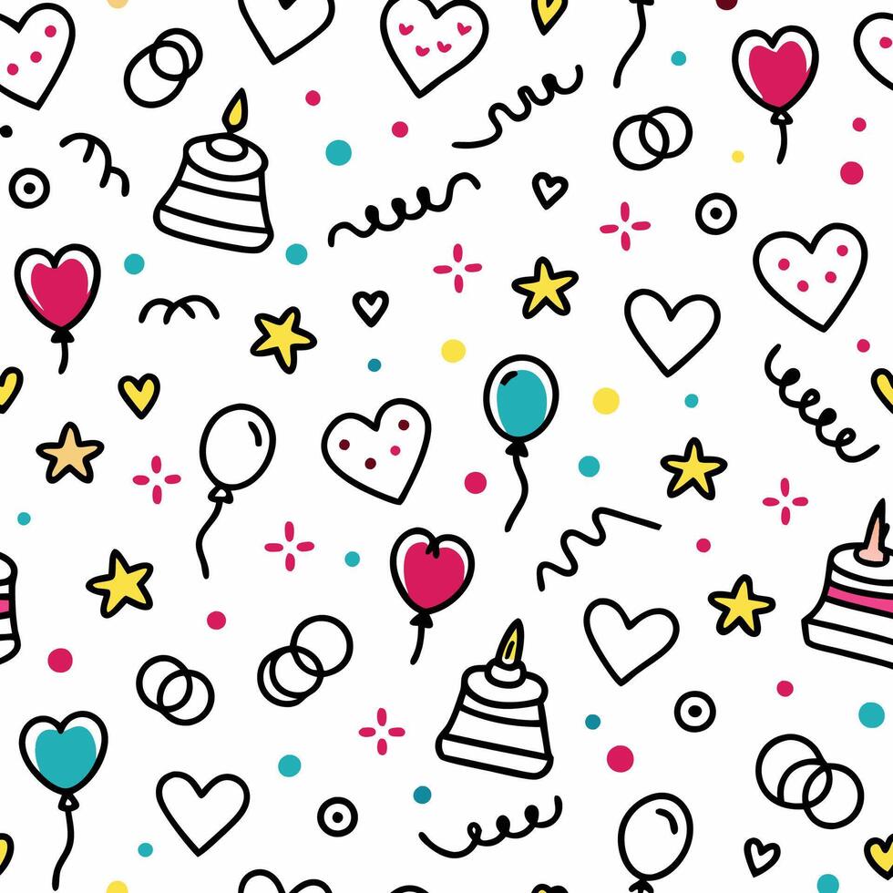 seamless pattern with birthday party items white background, vector