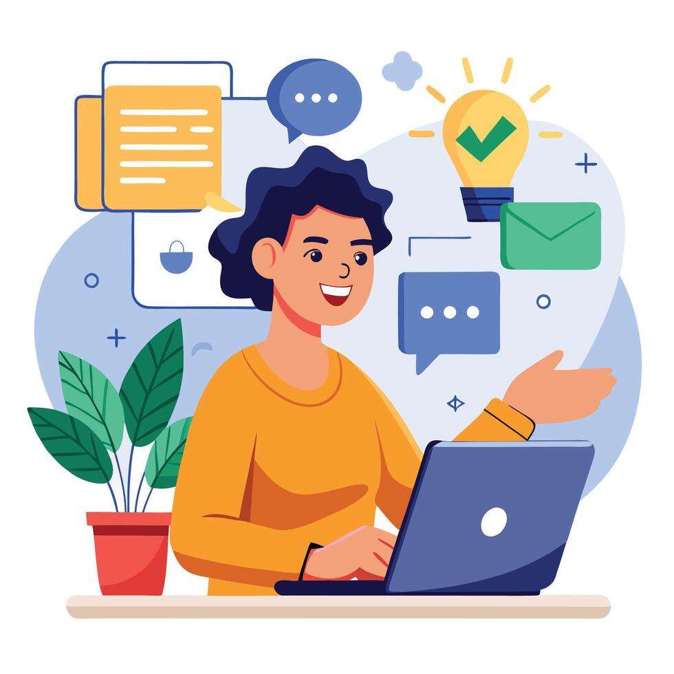 a woman is working on her laptop with a light bulb above her head vector
