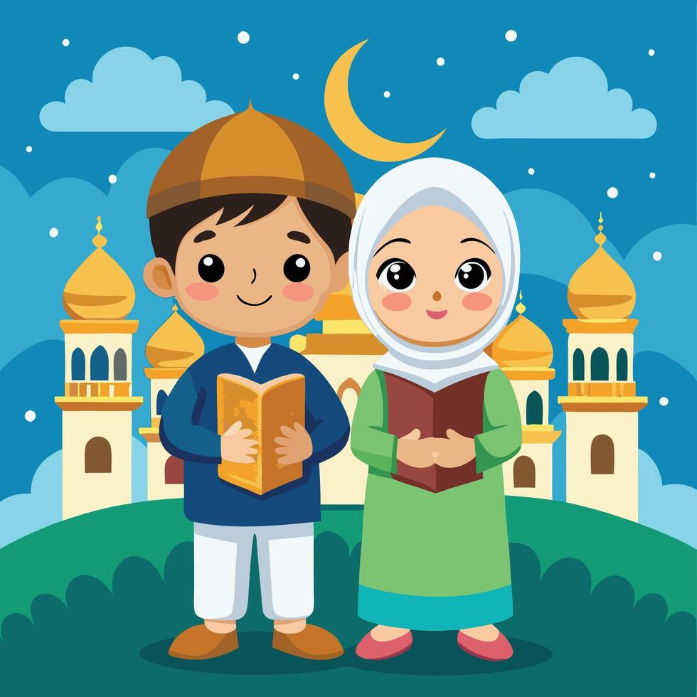 muslim boy and girl with book in front of mosque illustration vector