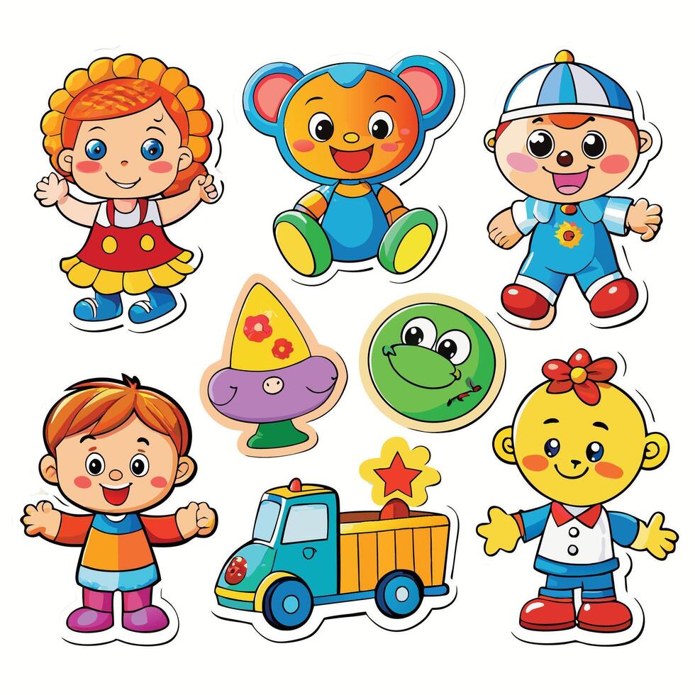 set of stickers with cartoon characters white background, vector
