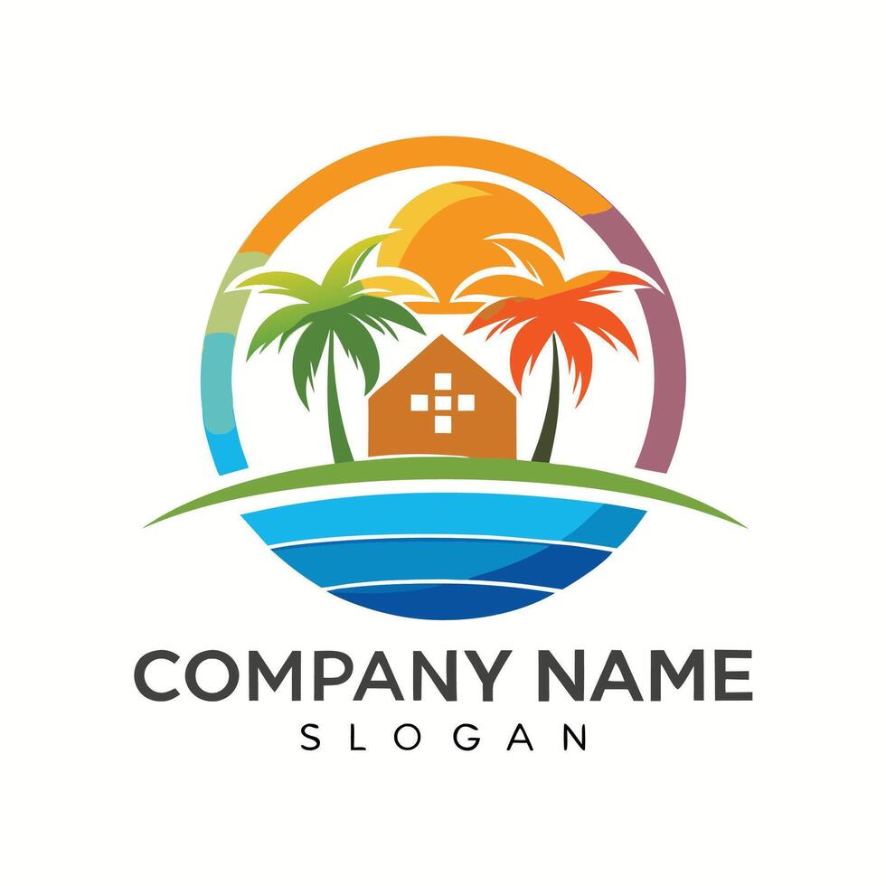 tropical island house logo design template vector