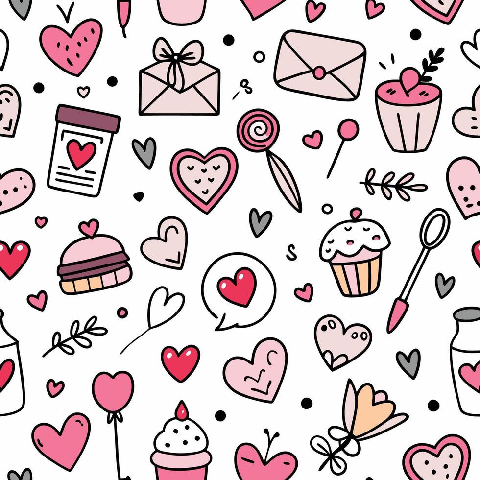 a seamless pattern with hearts and other items, vector