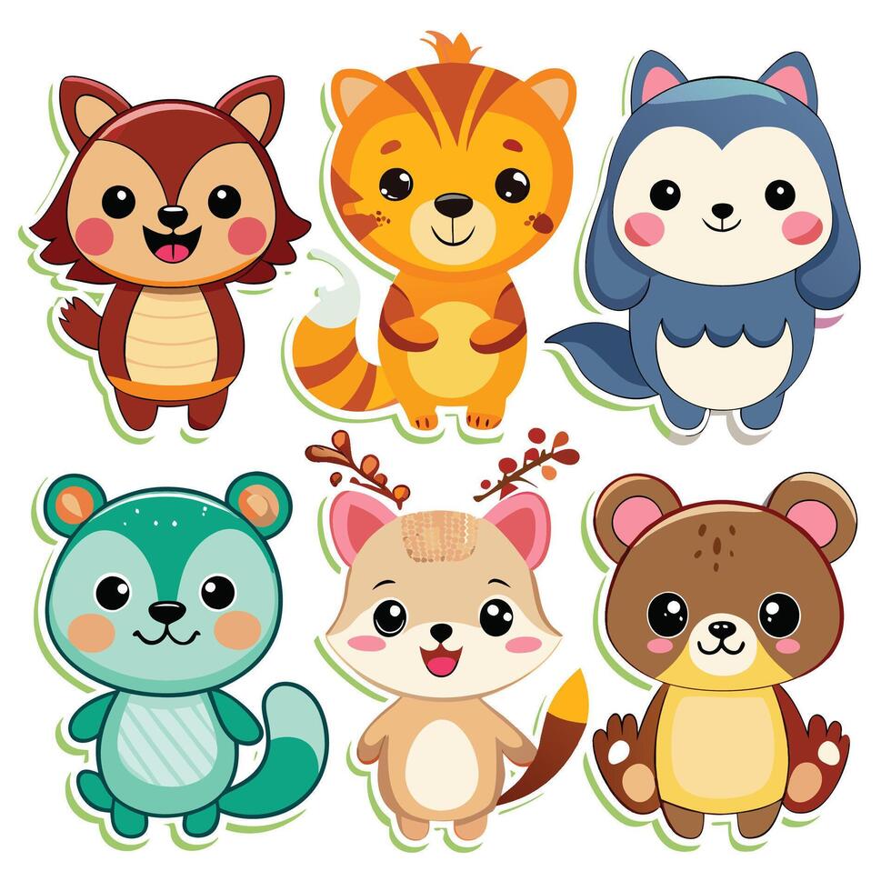 cute animals set white background vector