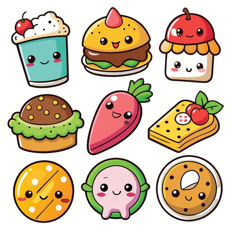 cute food icons set, white background, illustration vector