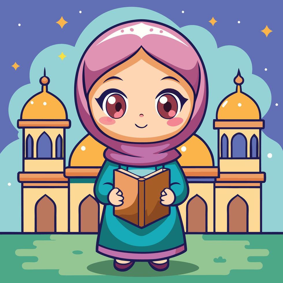 muslim girl reading book in front of mosque illustration, vector