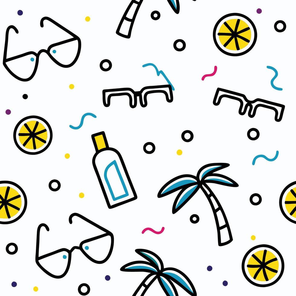 summer seamless pattern with sunglasses, lemonade and palm trees vector
