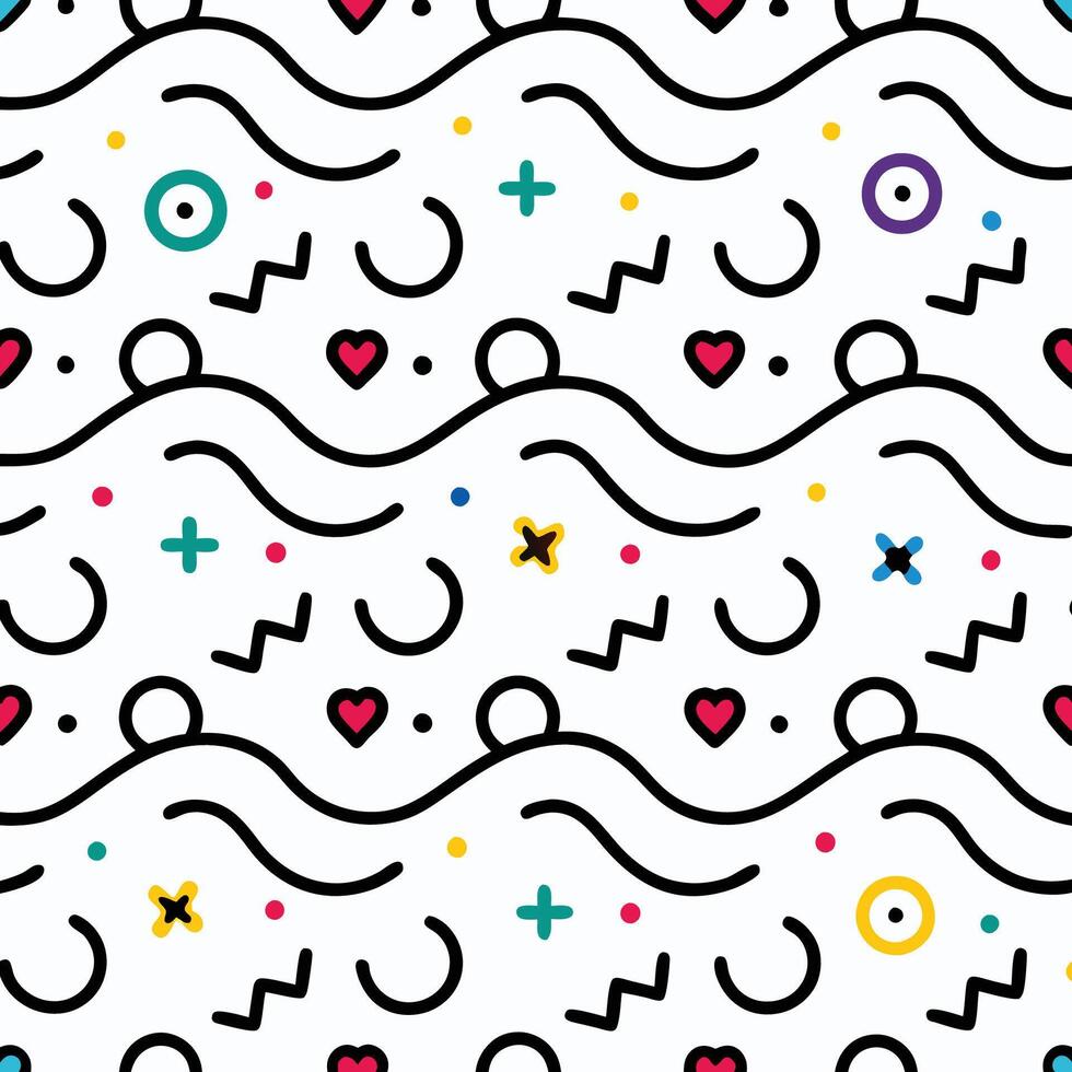 seamless pattern with colorful shapes and hearts, vector