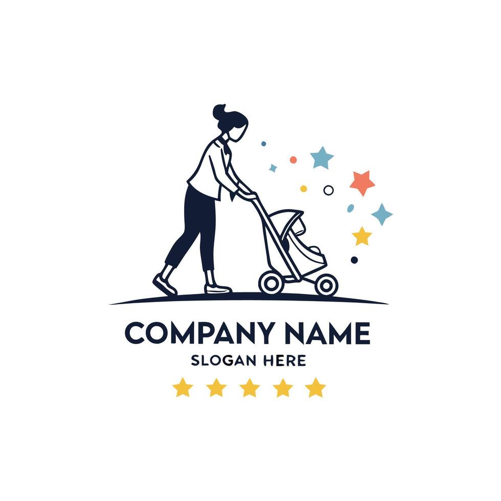 mother and child walking with stroller illustration vector