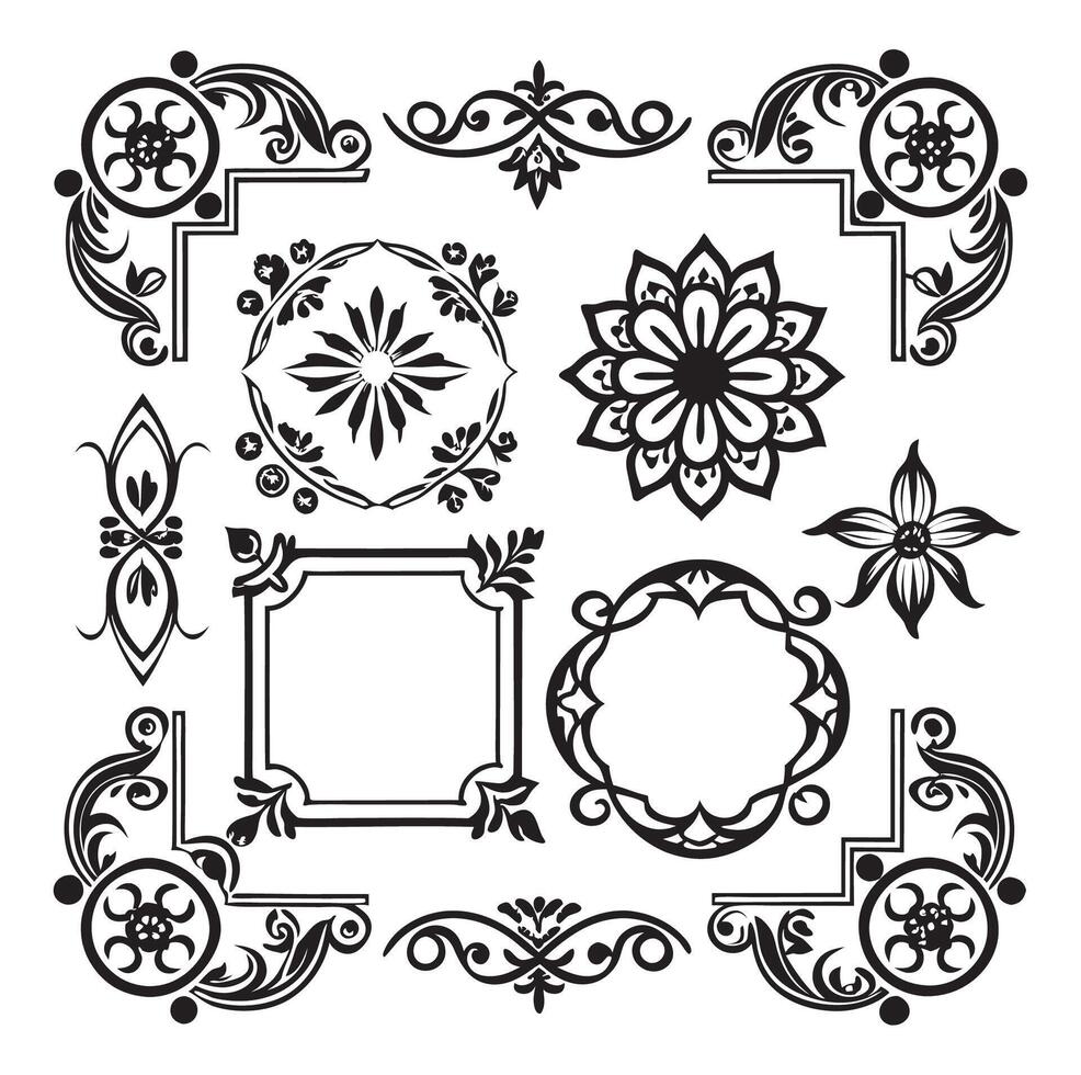 set of decorative design elements including corner pieces frames and floral ornaments vector