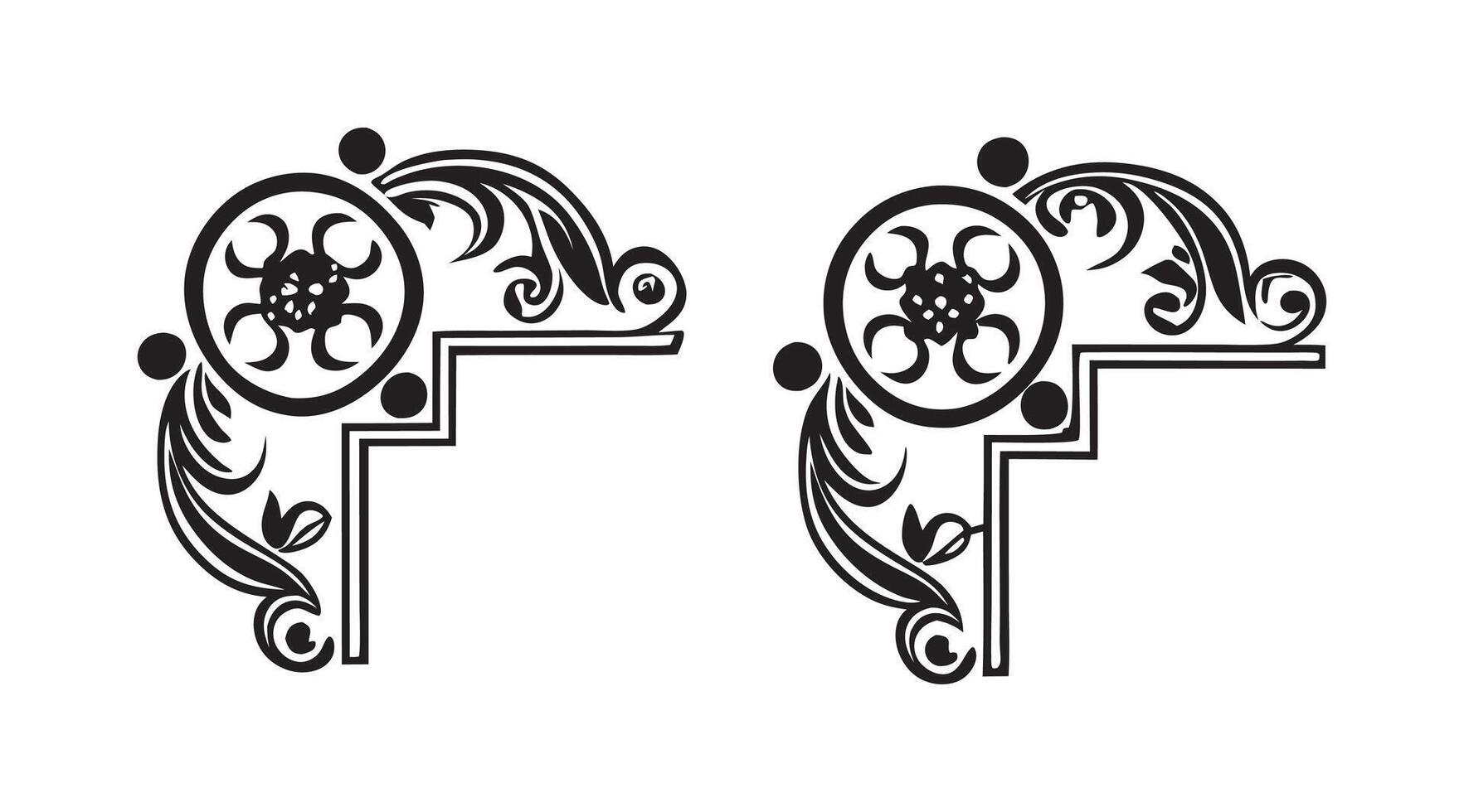 set of decorative design elements including corner pieces frames and floral ornaments on black and white colour vector