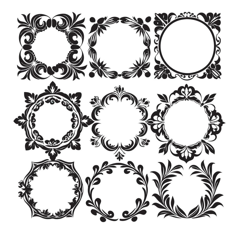 Set ornate black floral frames each with a distinct design vector