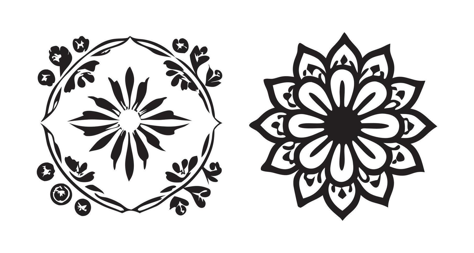 set of decorative design elements including frames and floral ornaments art on black colour vector