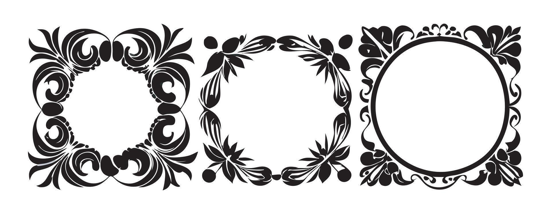 Set ornate black floral frames each with a distinct design on black colour vector