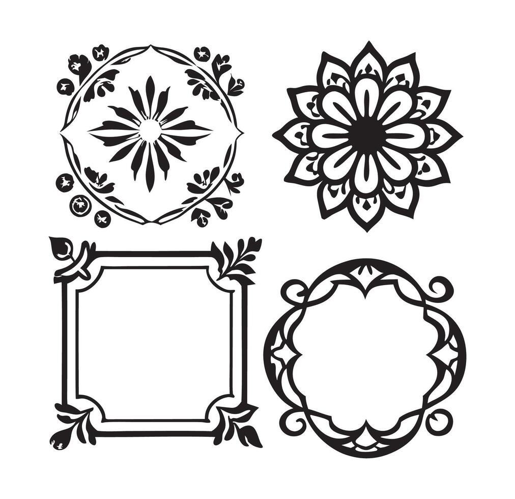 set of decorative design elements including frames and floral ornaments art on white background vector