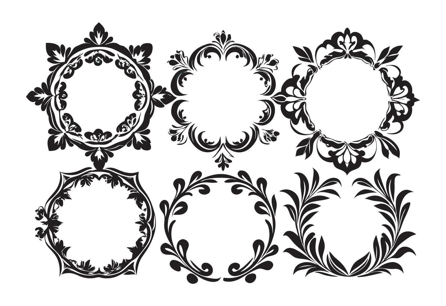 Set ornate black floral frames each with a distinct design art vector
