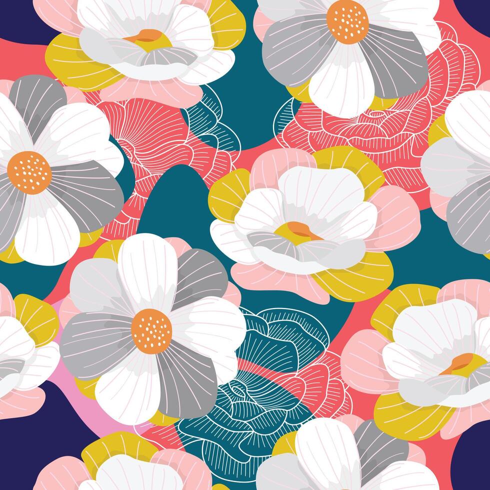 Abstract Floral flowers seamless pattern with leaves. tropical background vector