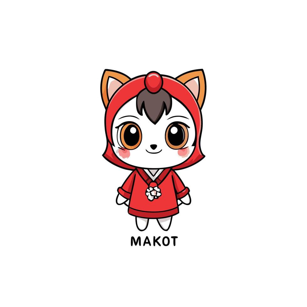 a cute little cat wearing a red dress and holding a red bow white background vector