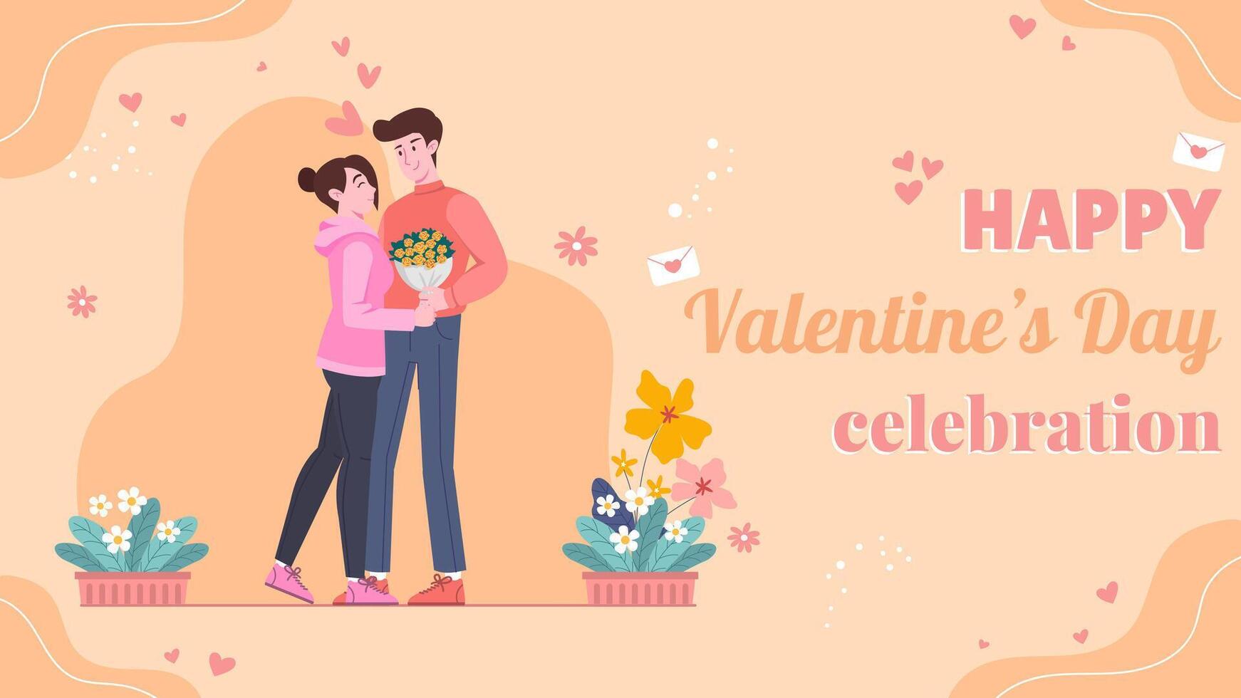 Couple celebrating valentine's day, man or boyfriend gives bouquet of flower to woman or his girlfriend and makes her happy, hearts in background, illustration design vector