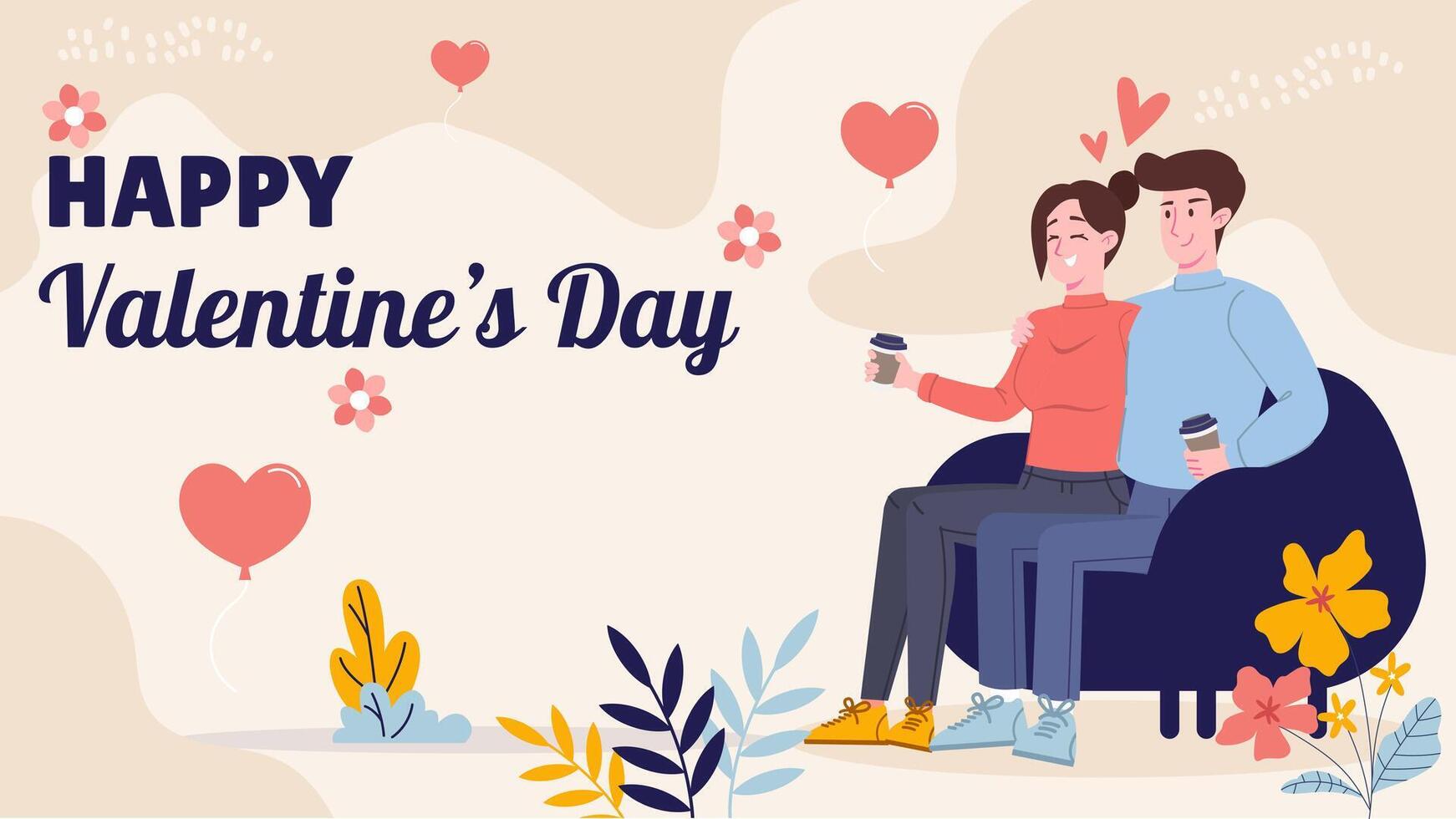 Happy Valentine's Day Poster Design with Cartoon Couple Sitting at Armchair and holding a cup of coffee. vector