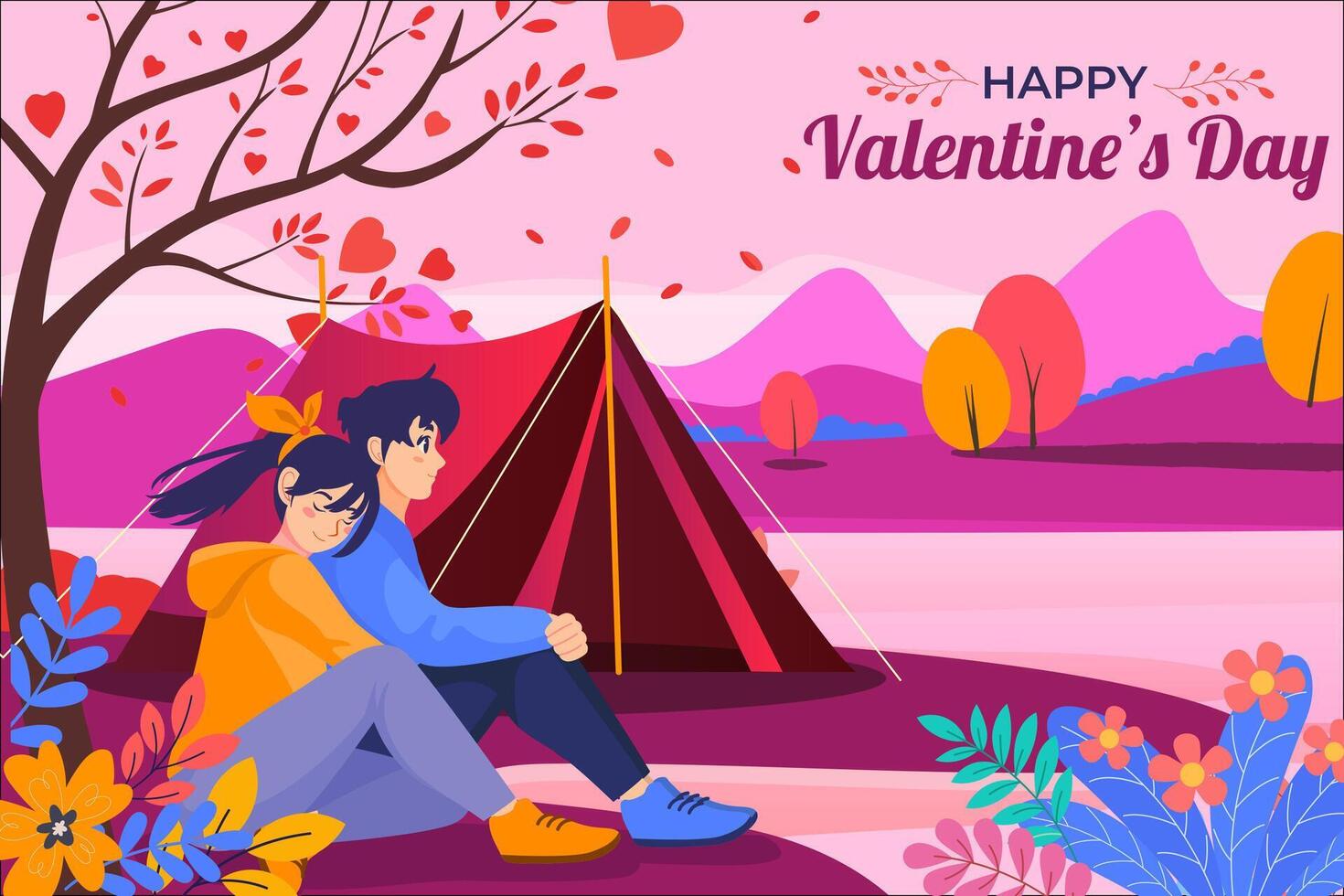 Happy Valentine's Day illustration of Young couple camping by the lake. They sit side by side by their tent, surrounded by mountains and trees. Perfect for cards, invitations, banners, and more. vector
