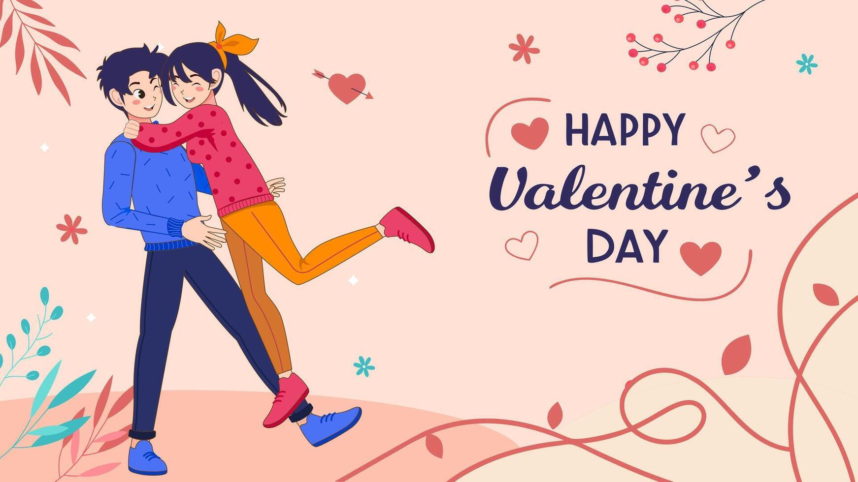 A Couple of happy young man and woman hugging. Valentine's day joyful teen boyfriend and girlfriend embracing. Flat cute cartoon illustration background vector