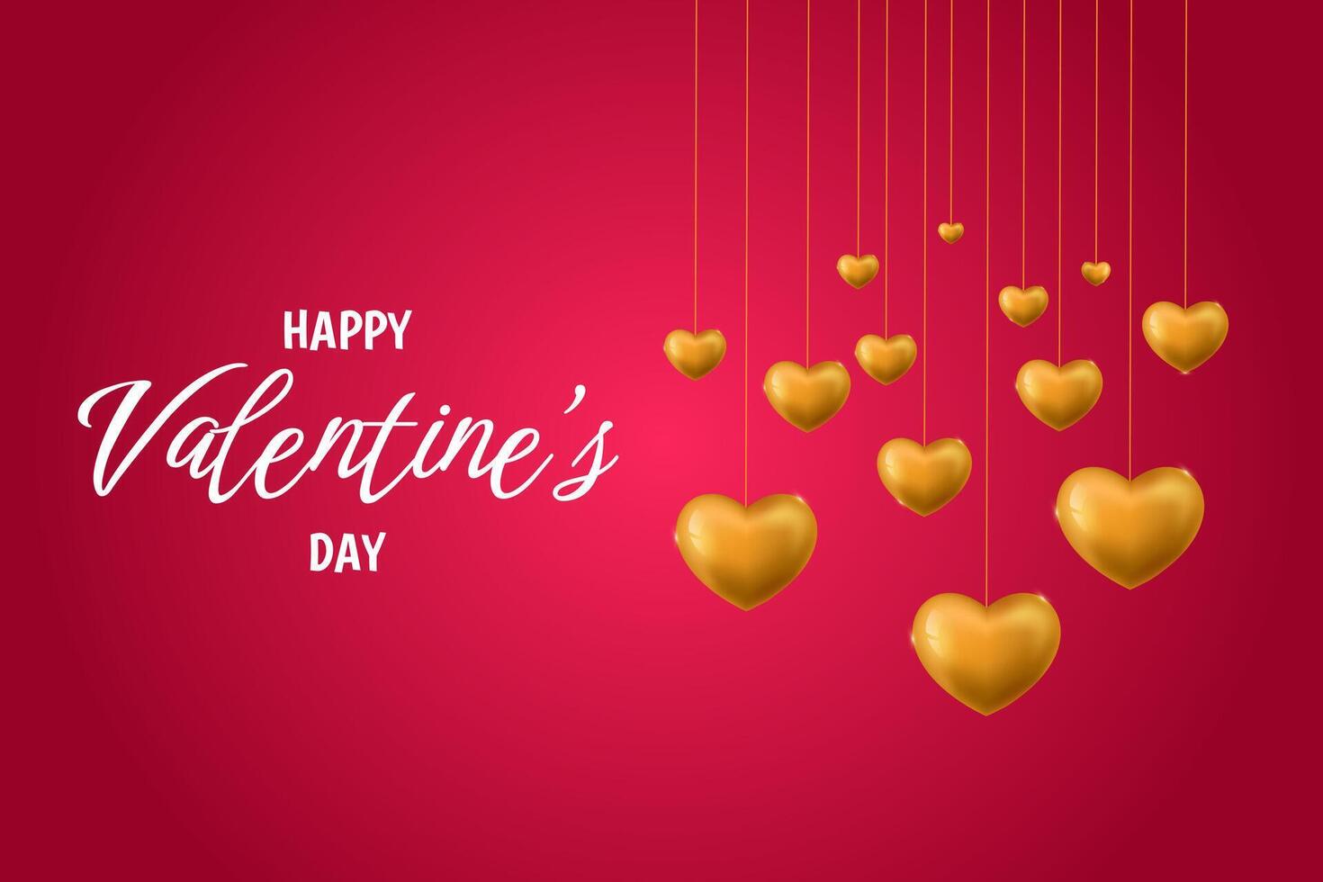 Happy Valentine's Day Cover and Website Header. Red luxury Background with gold hanging hearts, Text for Cover, Poster, banner, and Website Illustration vector