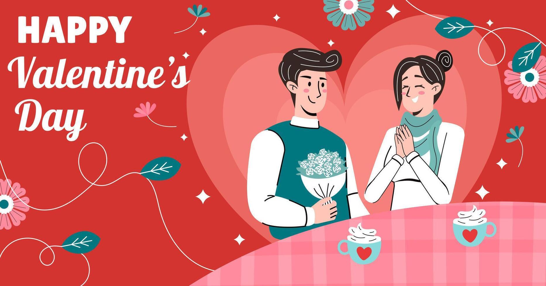 Hand drawn cartoon style couple characters sitting and drinking coffee together at the table. People talking each other. Love talk on the first date. Happy Valentine's Day. vector