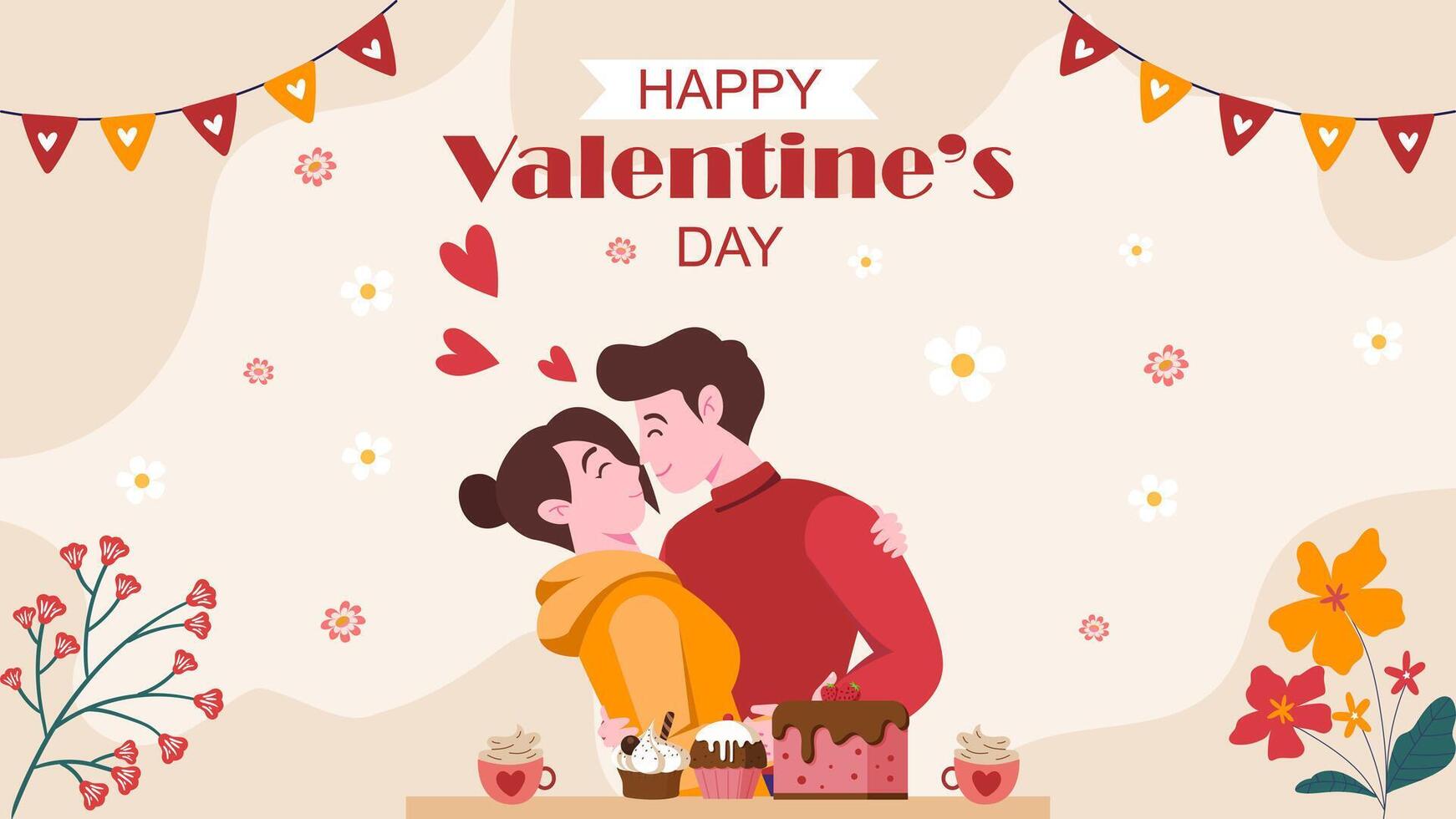 A woman and a man hug and almost kiss. Valentine's Day for couples. Announcing interesting offers for a date together. Cartoon flat art illustration hand drawing. vector
