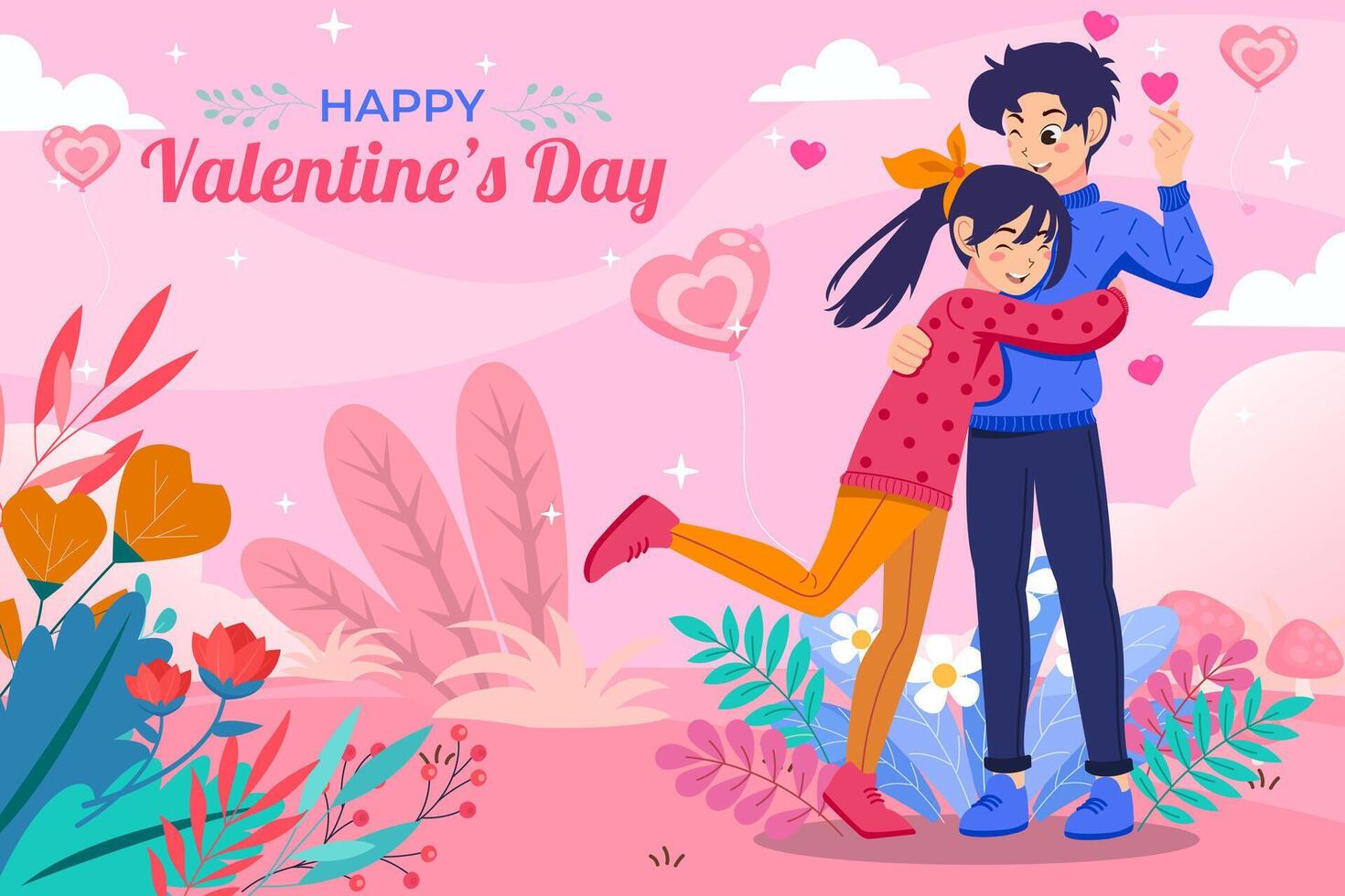 Valentine's day A couple falling in love hugs and Happy. Cute cartoon illustration background vector