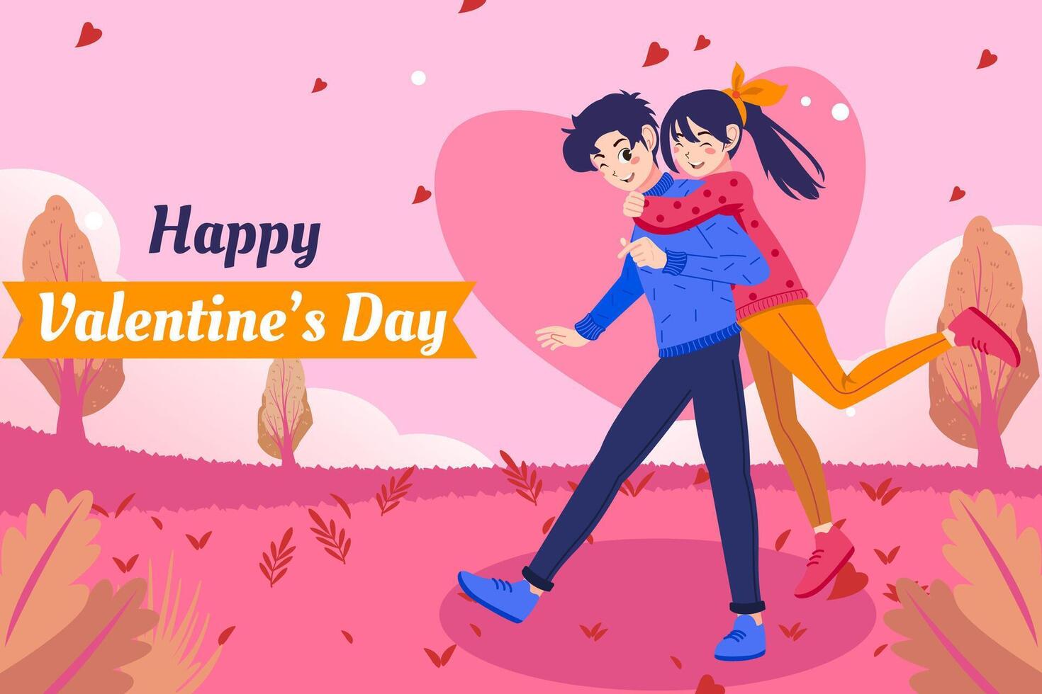 Couple of happy young man and woman hugging. Valentine's day joyful teen boyfriend and girlfriend embracing. Flat cute cartoon illustration background vector