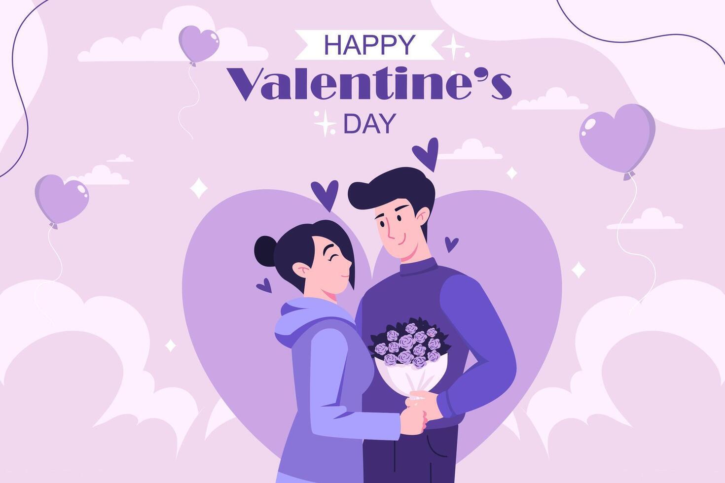 Couple celebrating valentine's day, man or boyfriend gives bouquet of flower to woman or his girlfriend and makes her happy, hearts in background, illustration vector