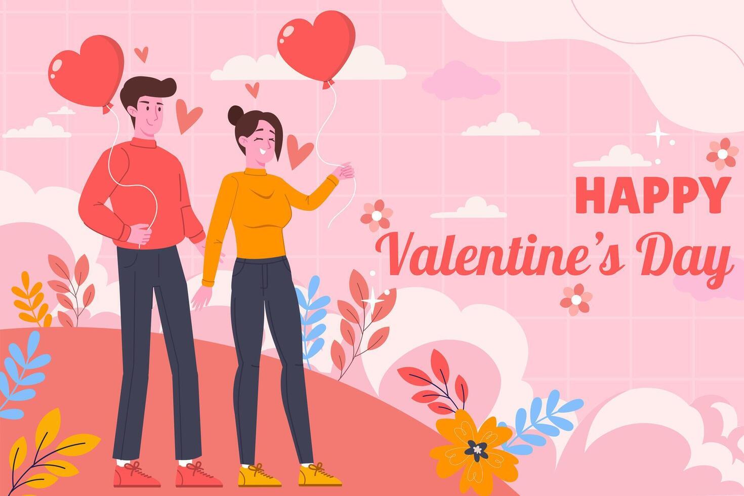 Cute couple falling in love holding a heart shaped balloon, standing together. Happy valentines day, Cartoon flat illustration background vector