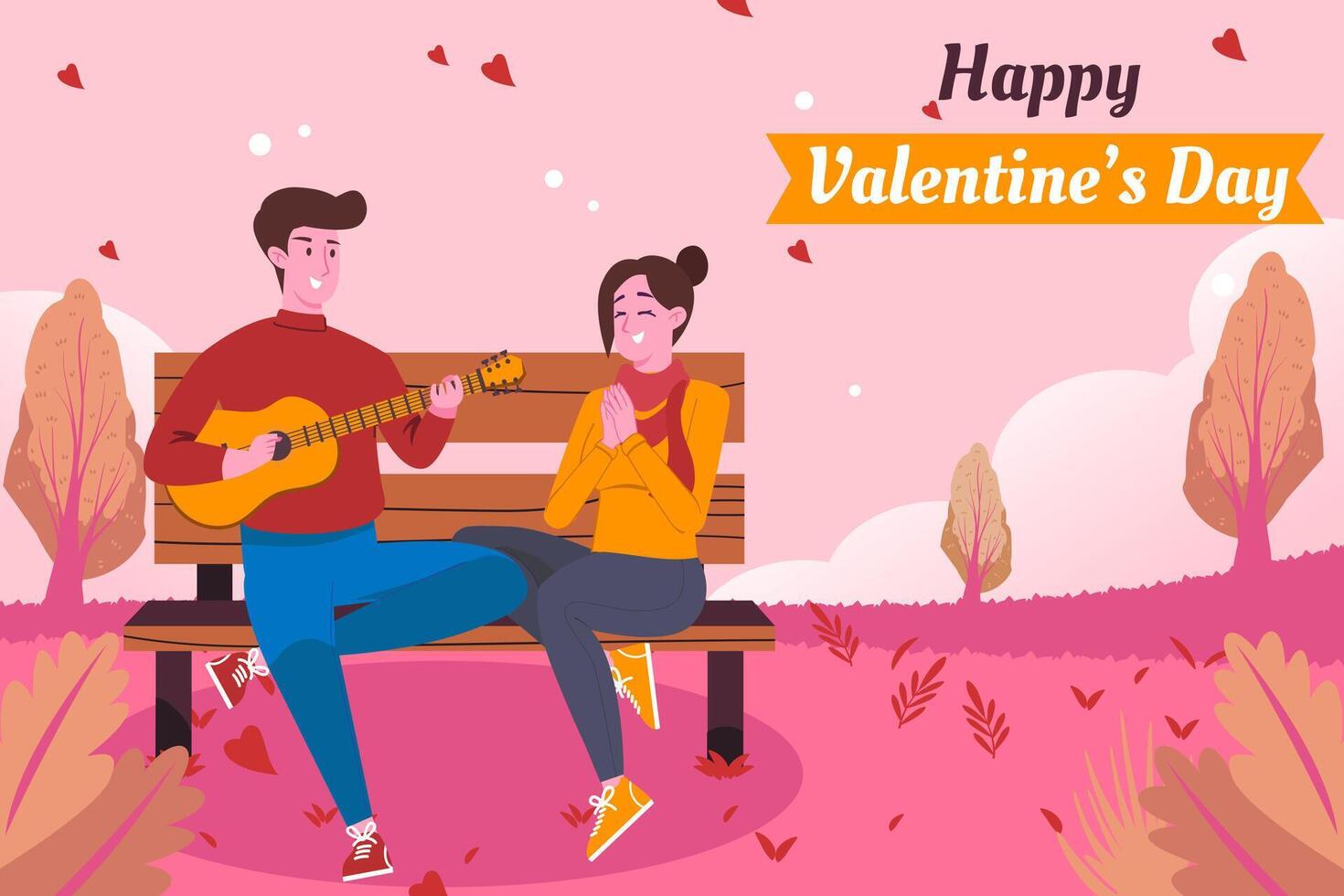 A Young Man in Love Sitting on a Park Bench Is Playing Guitar for His Girlfriend. Happy Romantic Couple in Relationship Celebrating Valentines Day vector