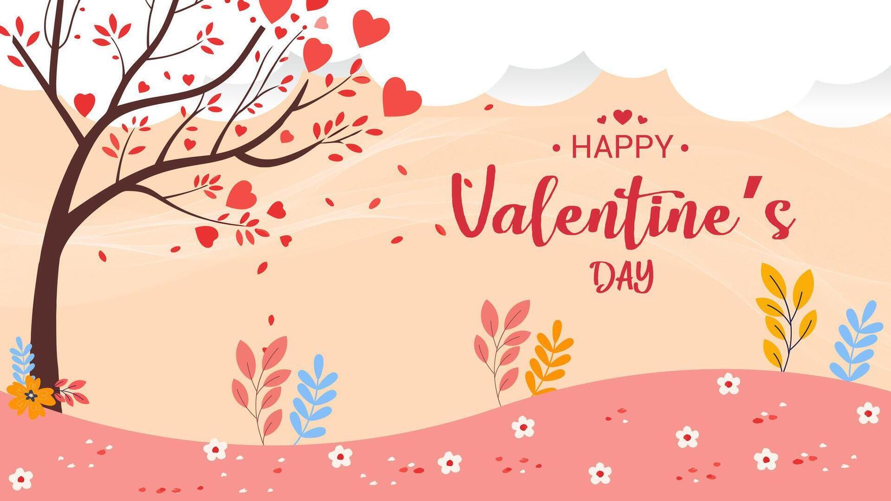 Valentine's day background with a tree, clouds, flowers and leafes made out of hearts. illustration. vector