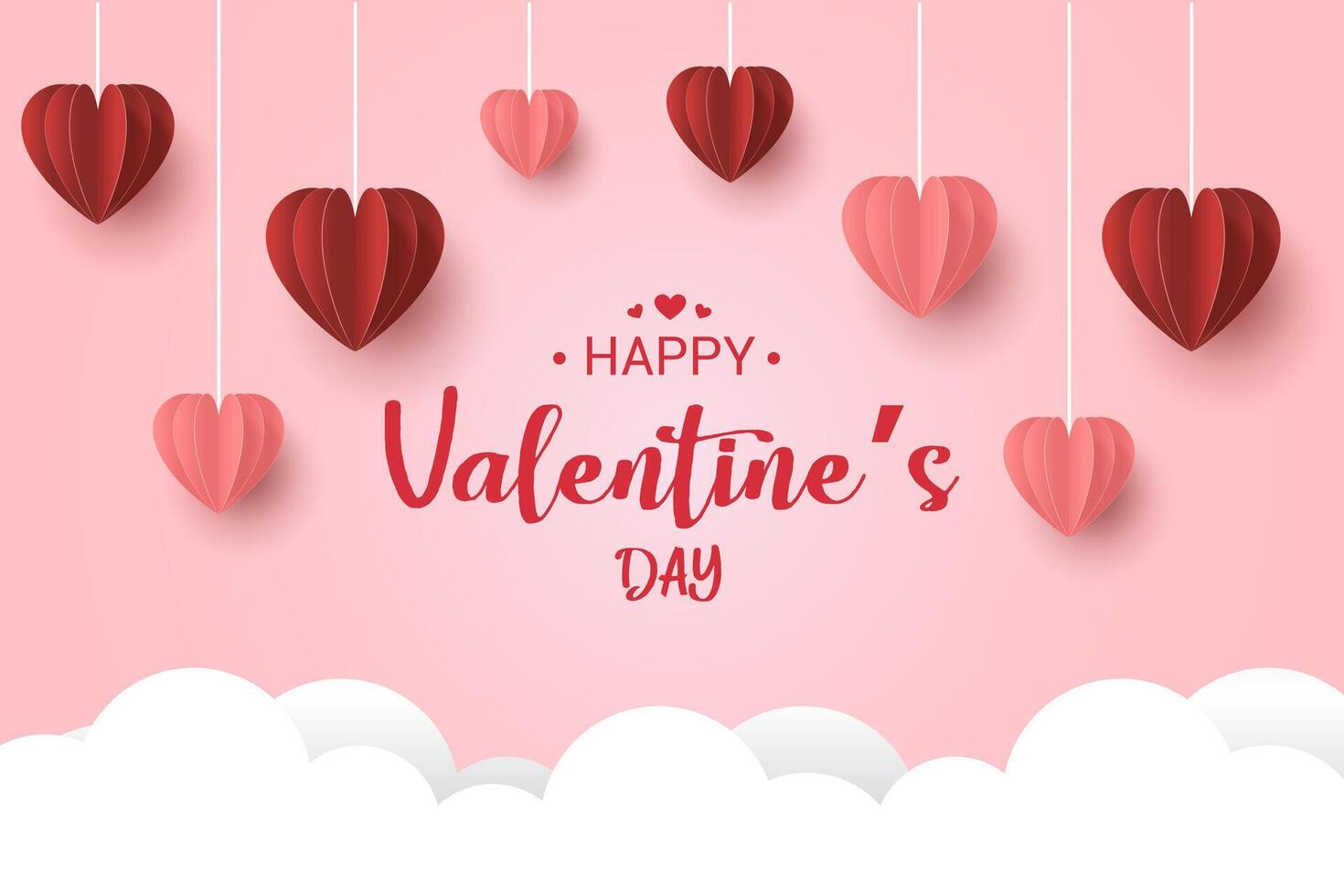 Poster or banner with pink sky and paper cut clouds. Place for text. Happy Valentine's day sale header or voucher template with hanging hearts. vector
