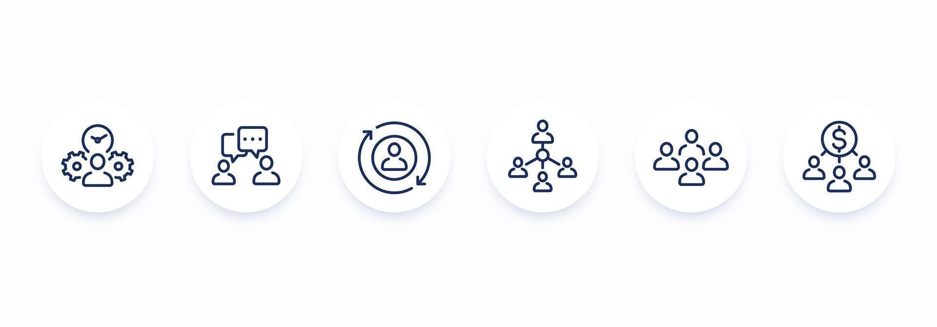 team management, HR and people interacting line icons vector