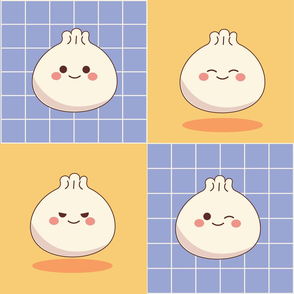 Set of cartoon traditional chinese dumpling. Collection of cute dumpling in kawaii style. vector