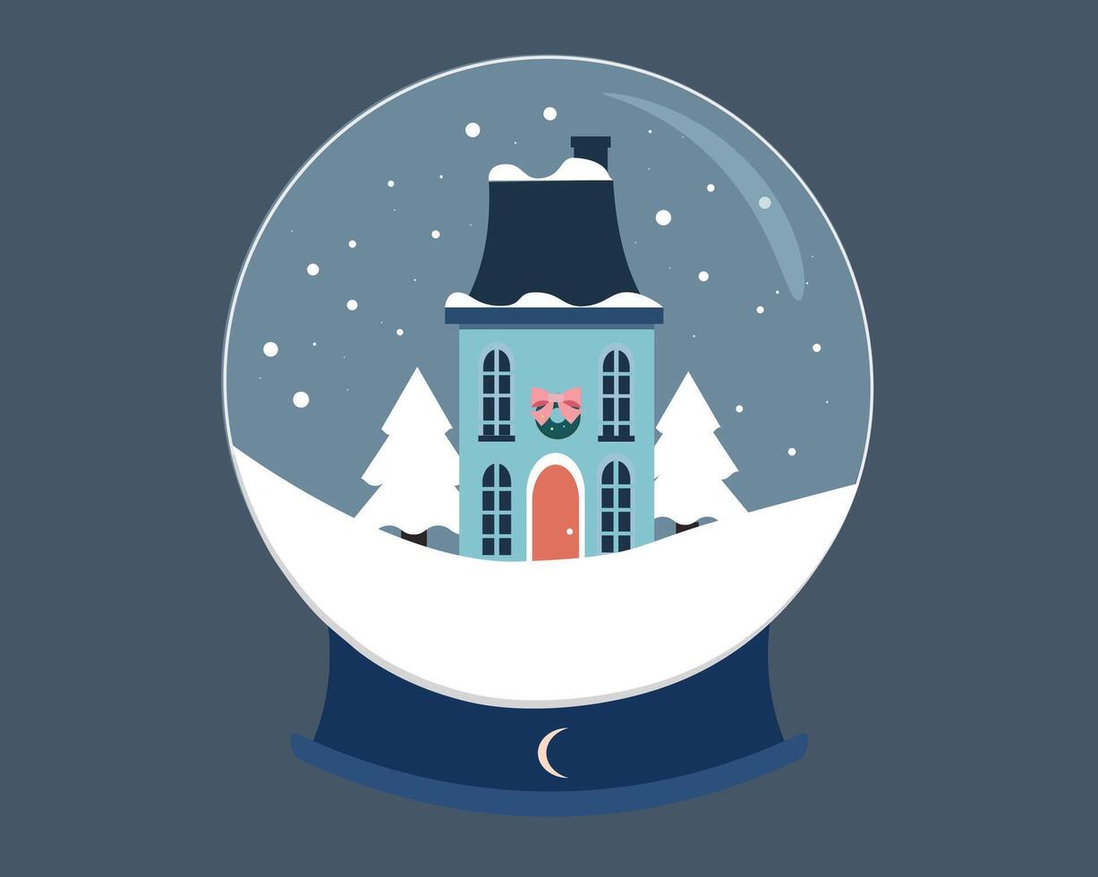 illustration of the glass snow globe with houseand tree.house in snow globe.Snow ball .Christmas crystal snow. vector