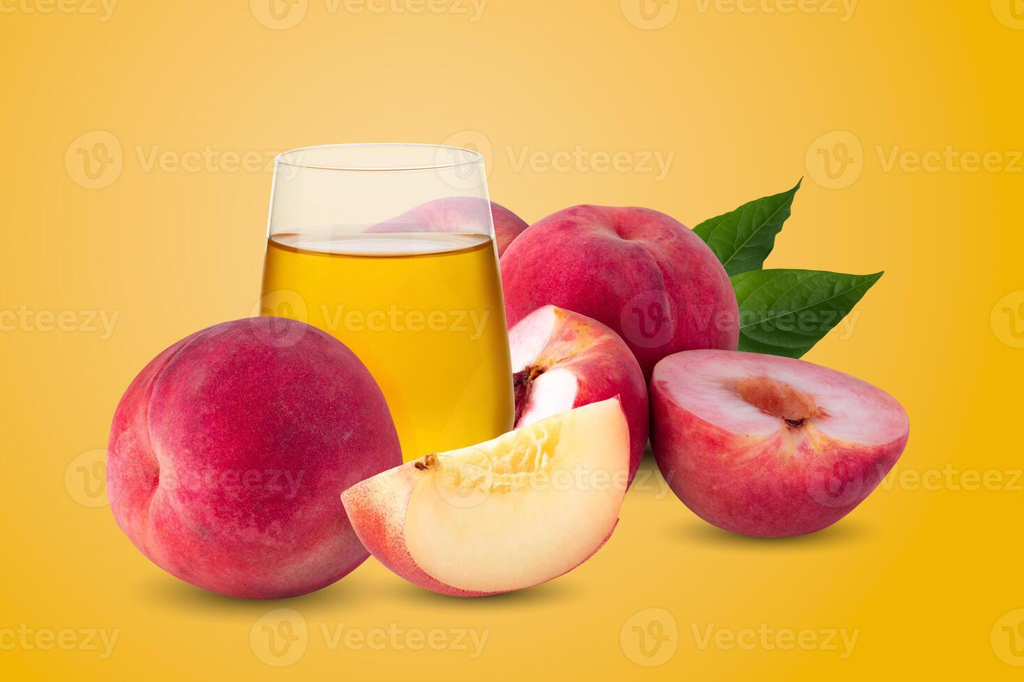 Peach fruit Peach slice and Peach juice isolated on a yellow background photo